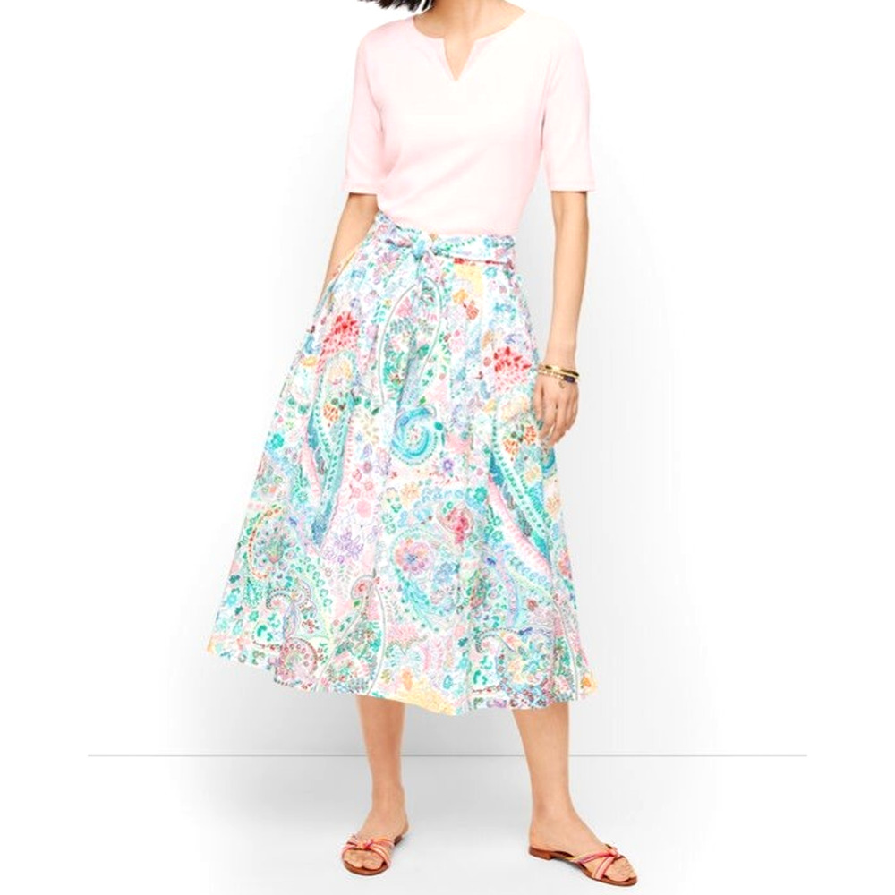 Talbots Women's Waist Midi Summer Skirt Festive Floral Paisley Pleated Sz 8